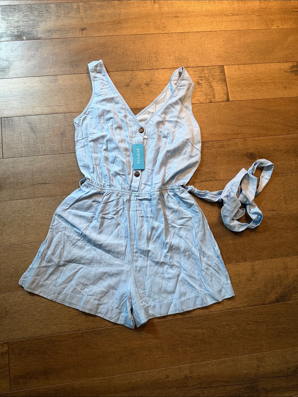 🎉Sleeveless Light Blue V-Neck Romper with Waist Tie